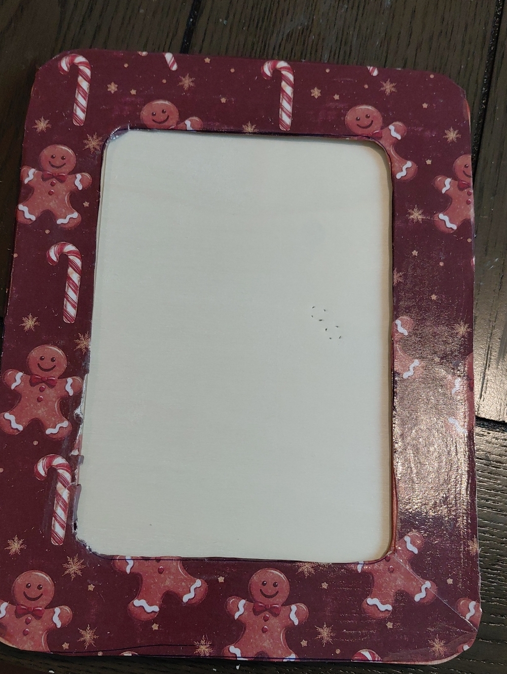 Holiday Gingerbread Pattern Picture Frame - Red. Decoupaged.